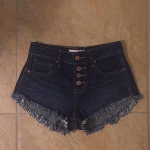 Frayed Denim High Rise Shorts - Dark Blue
